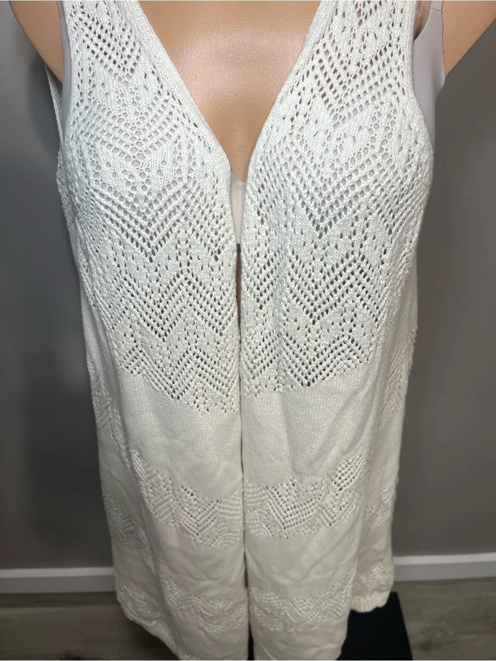Wrangler Retro Cream Open Knit Crochet Long Duster Vest - Size M